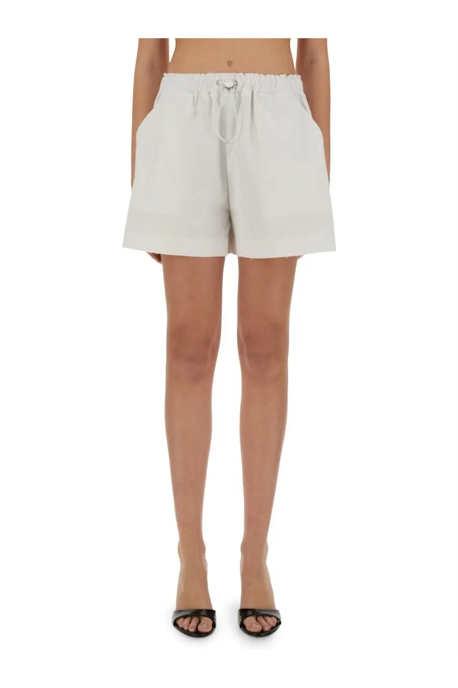 White cotton linen shorts for women by moschino jeans with elastic waistband and drawstring closure
