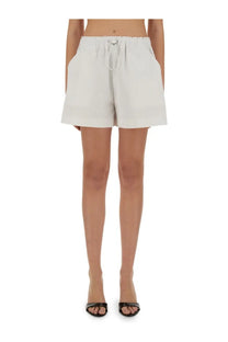 White cotton linen shorts for women by moschino jeans with elastic waistband and drawstring closure