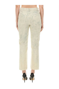 Moschino women’s cropped blue jeans shown from the back in faded cream denim with straight-leg cut and classic pockets