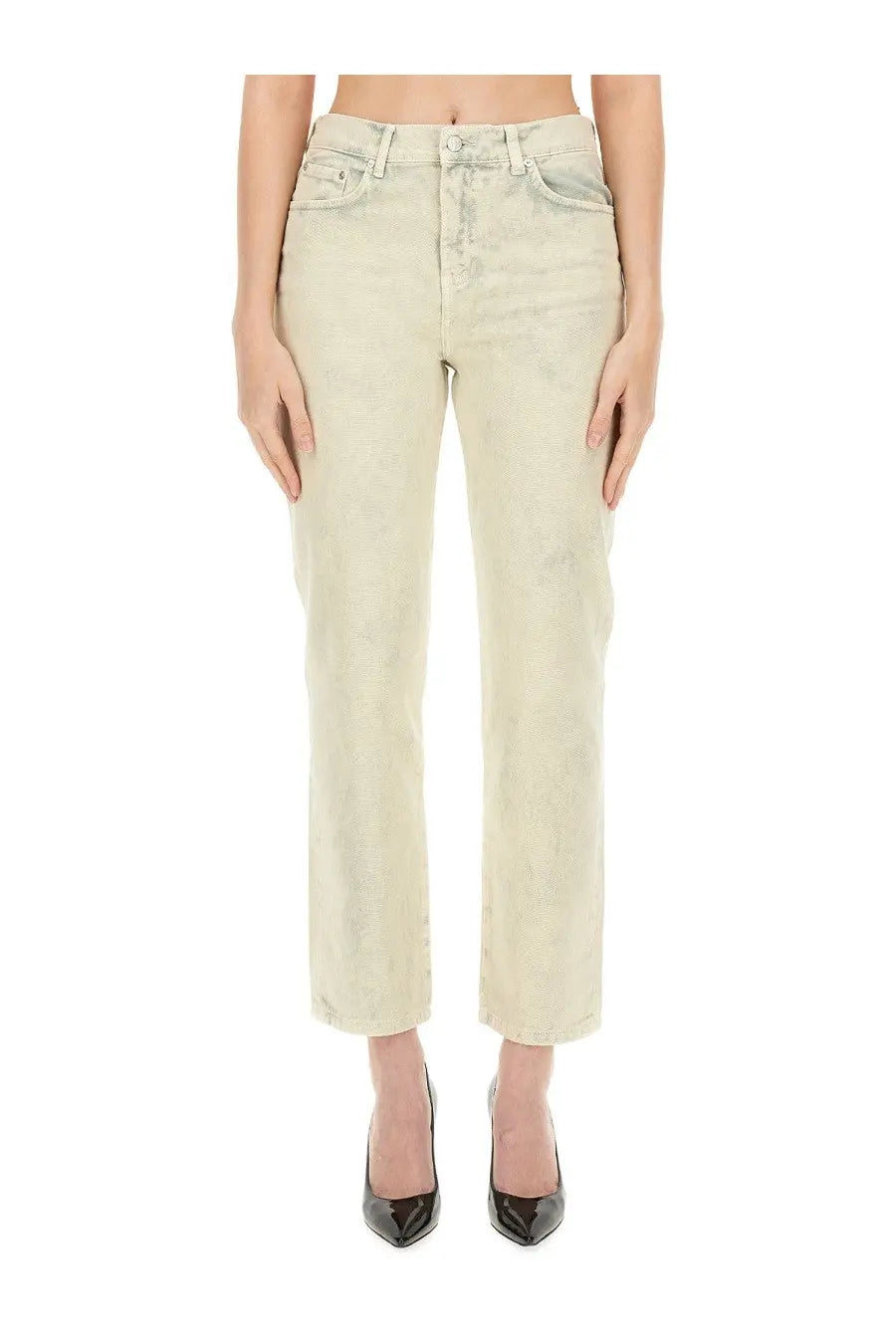Moschino women’s cropped jeans in light-wash denim with straight-leg cut and subtle fading in blue color
