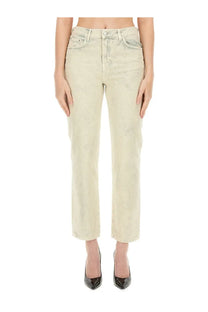 Moschino women’s cropped jeans in light-wash denim with straight-leg cut and subtle fading in blue color