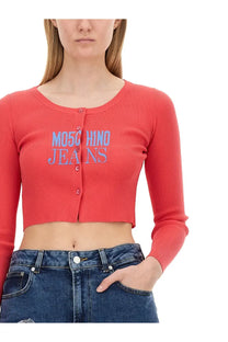 Moschino Jeans women’s coral ribbed knit cropped cardigan with round neckline and light blue logo embroidery