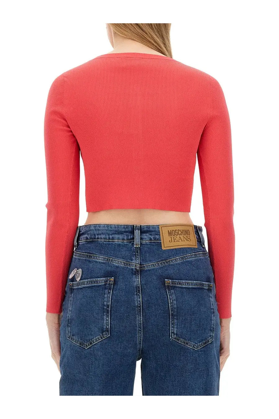 A vibrant coral ribbed long-sleeve crop top featured in the moschino jeans women’s cropped cardigan white product line