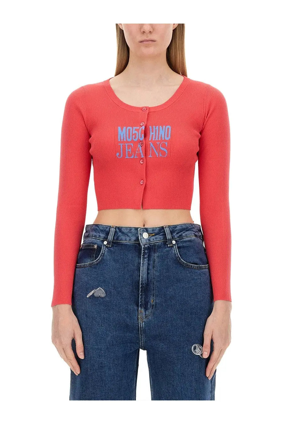 Moschino jeans women’s coral ribbed knit crop top with round neckline and light blue embroidered logo on chest