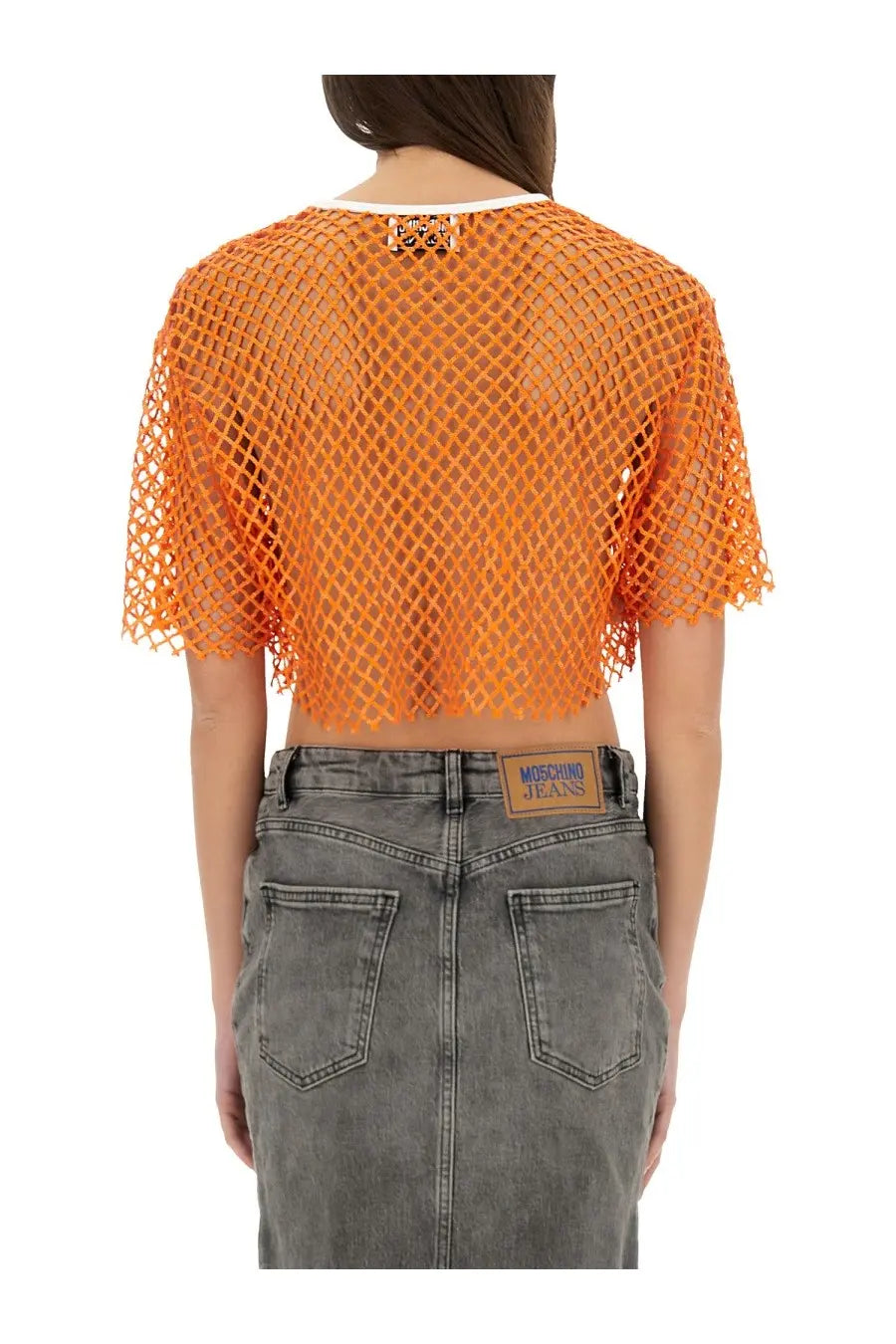 Moschino Jeans women’s orange cropped mesh top with short sleeves and white collar featuring logo at neckline