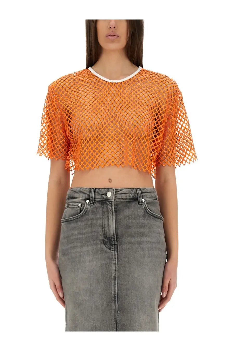 Moschino Jeans women’s orange cropped mesh top with white ribbed neckline for stylish casual wear