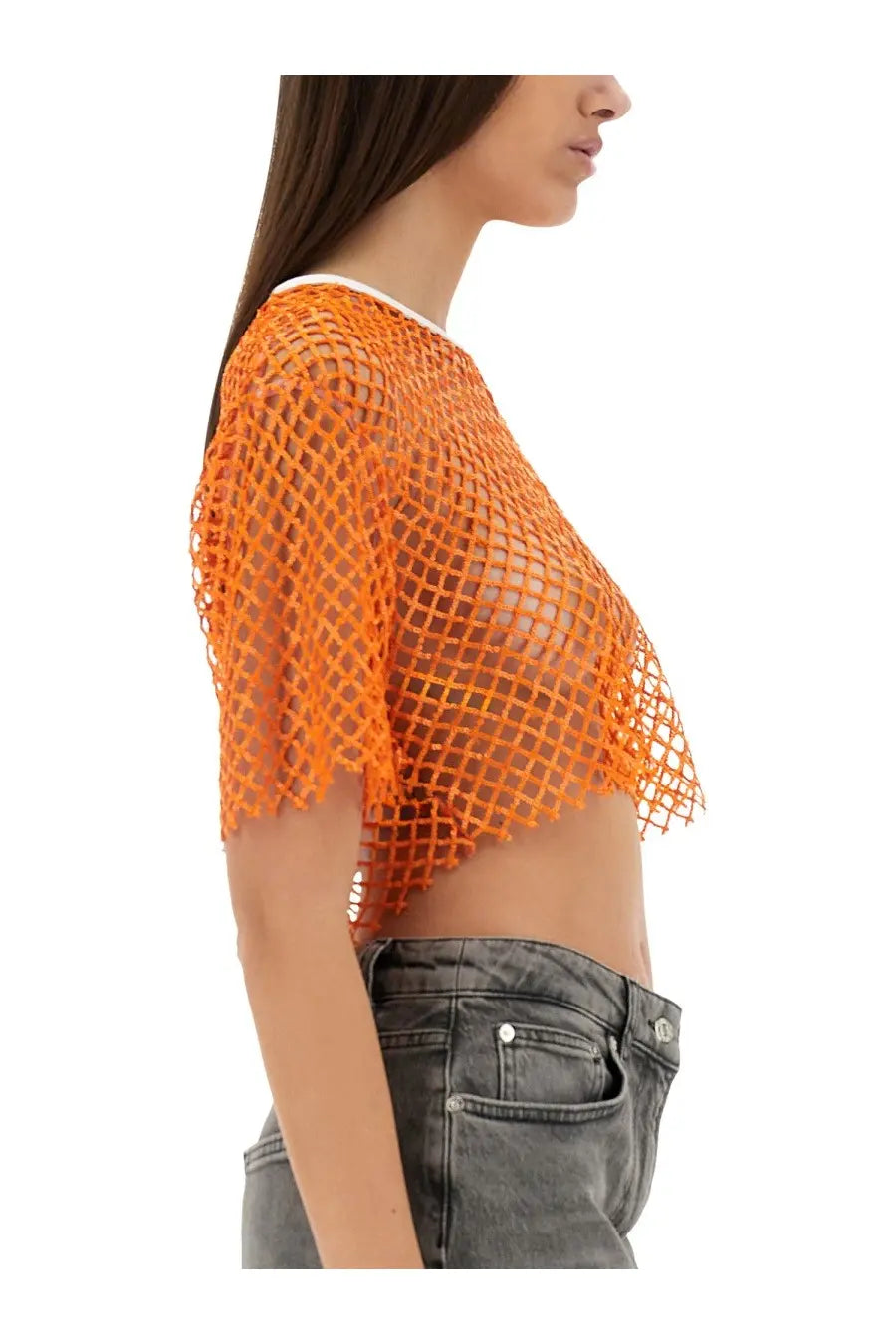 Moschino Jeans women’s orange cropped mesh top with white trim neckline in breathable fabric for summer wear