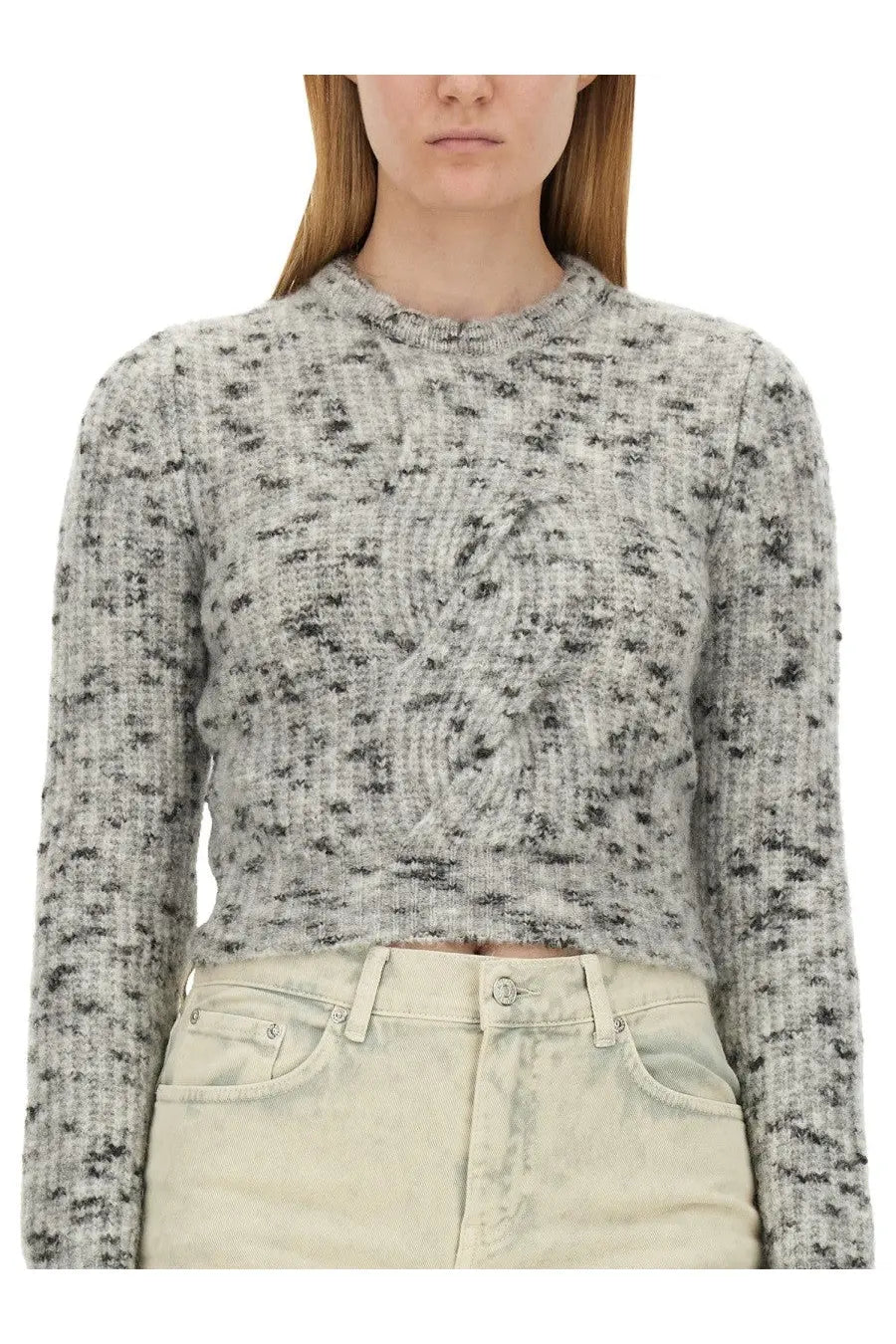 Moschino Jeans women’s cropped long-sleeved knit sweater in heather gray with black speckles and cable-knit design