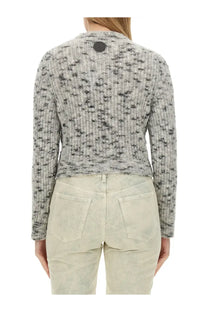 Moschino Jeans women’s cropped shirt gray textured knit cardigan with black speckles and ribbed hem