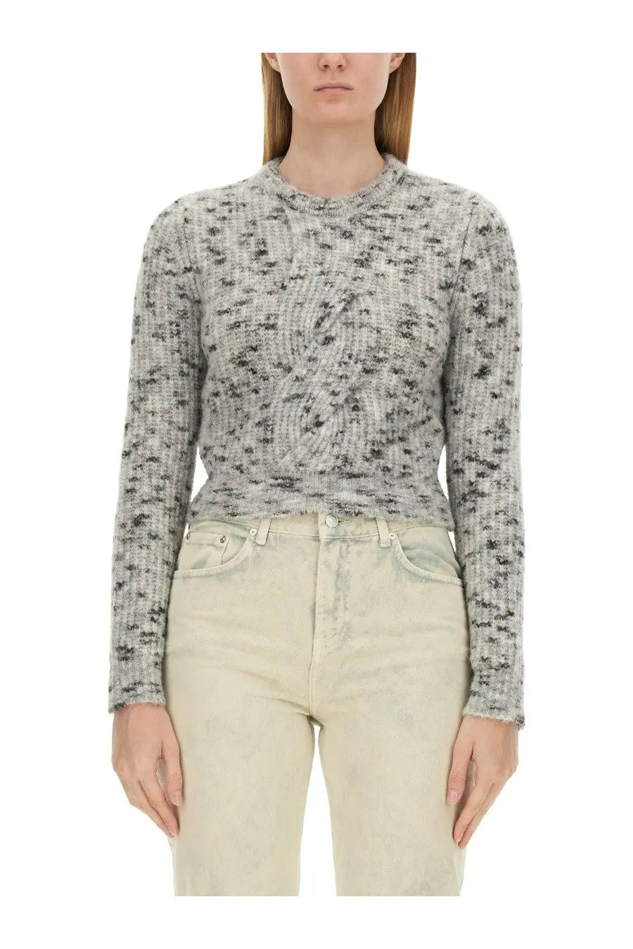 Moschino Jeans women’s cropped grey shirt with textured gray and black speckled knit and central cable-knit design