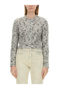 Moschino Jeans women’s cropped grey shirt with textured gray and black speckled knit and central cable-knit design