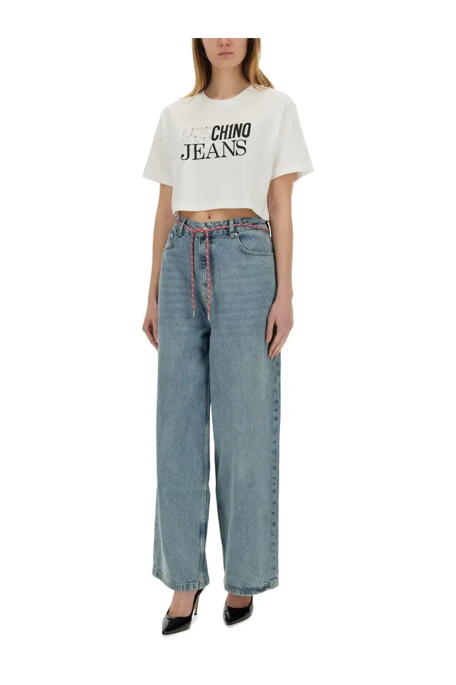 Light-wash denim wide-leg jeans with drawstring waistband and patterned tie from Moschino Jeans cropped shirt white collection