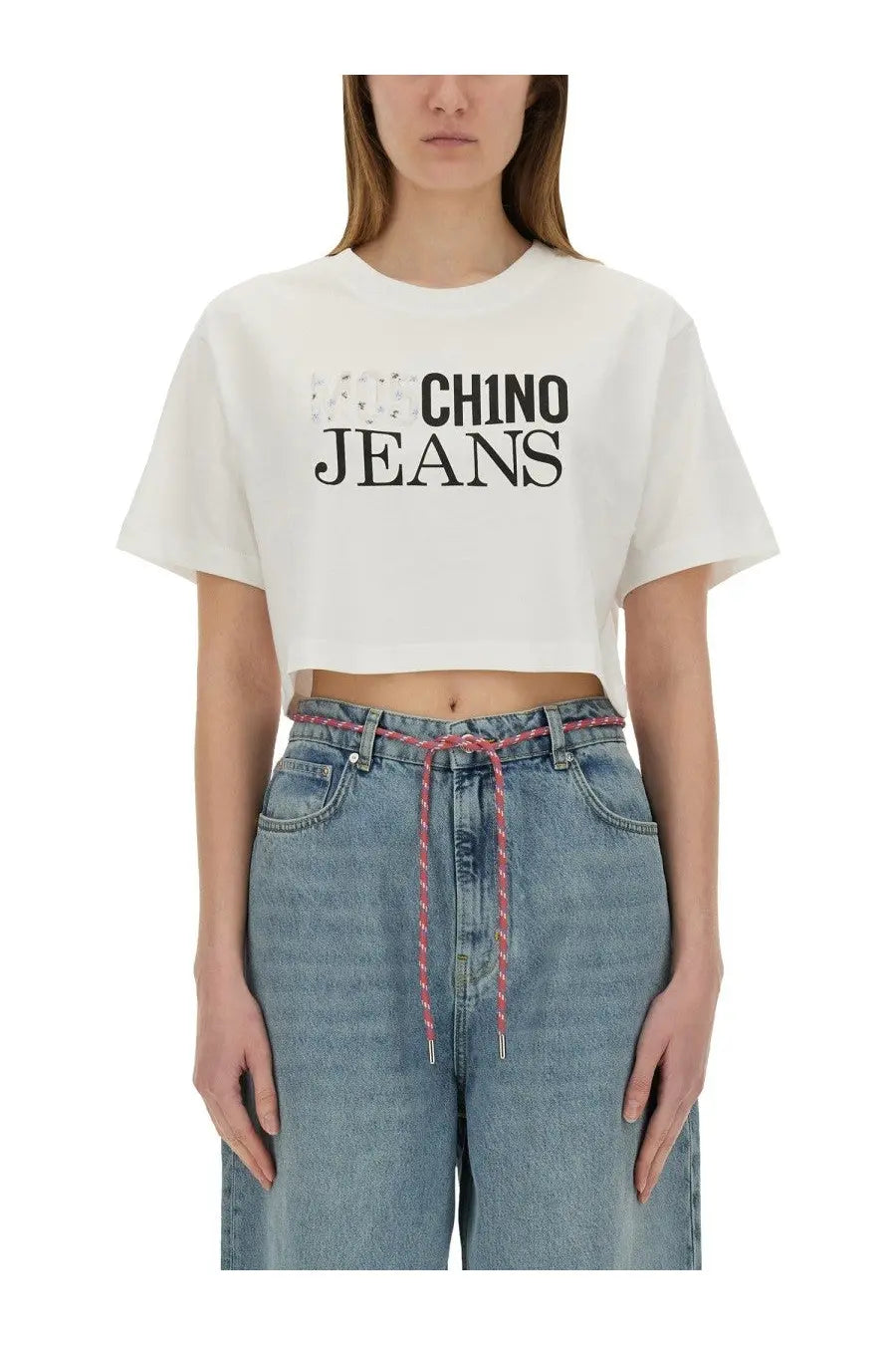 White cropped cotton t-shirt with black moschino jeans lettering for women casual wear
