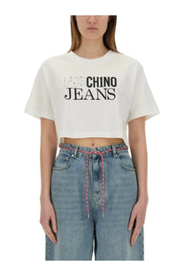 White cropped cotton t-shirt with black moschino jeans lettering for women casual wear