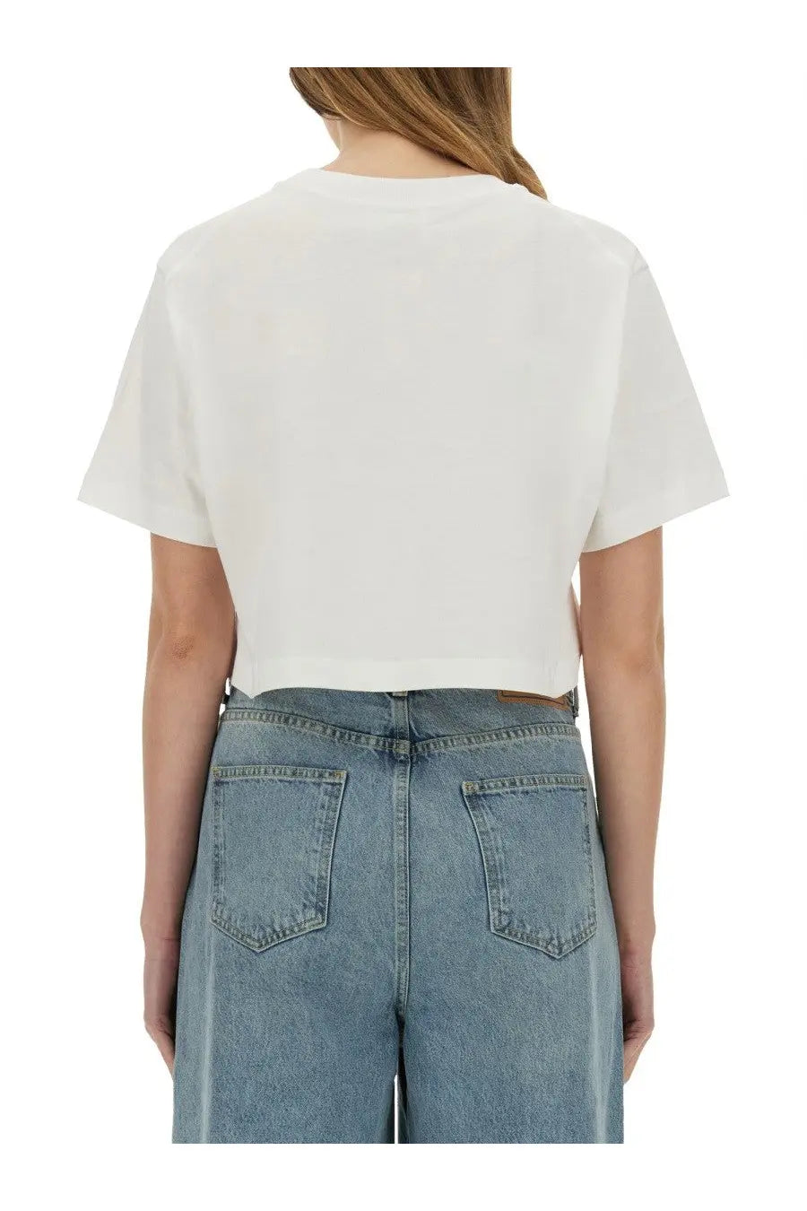 Moschino Jeans women’s white cropped t-shirt with short sleeves and round neckline in cotton fabric