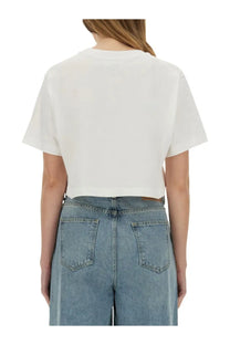 Moschino Jeans women’s white cropped t-shirt with short sleeves and round neckline in cotton fabric