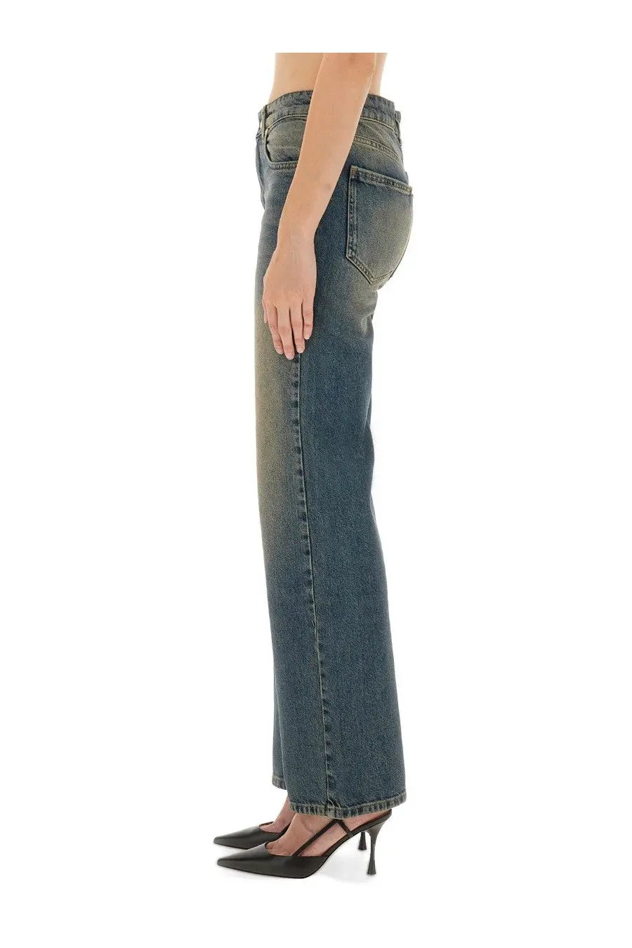 Moschino women’s high-waisted denim jeans in blue with a faded gradient wash from dark to light tones