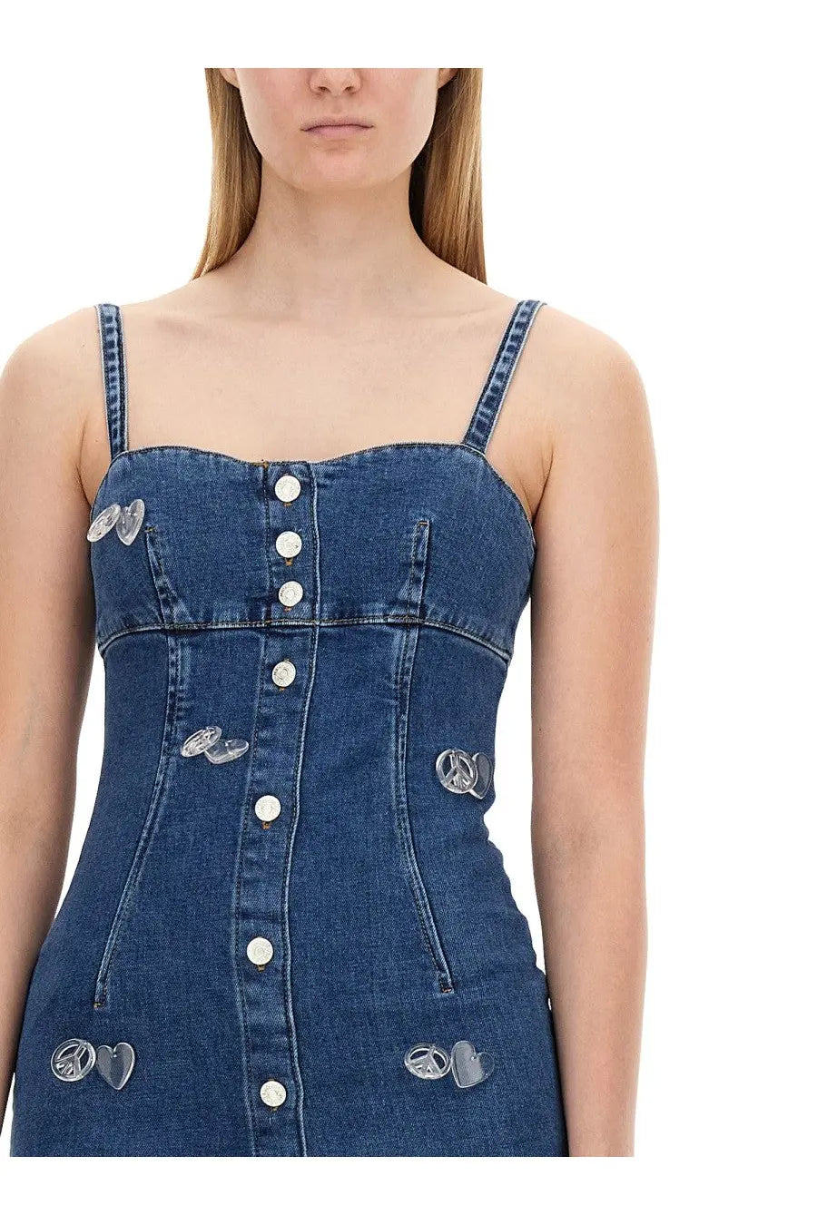 Moschino Jeans women’s blue denim corset dress with silver peace sign and heart button embellishments