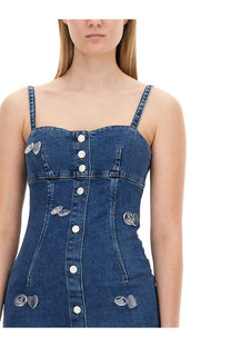 Moschino Jeans women’s blue denim corset dress with silver peace sign and heart button embellishments