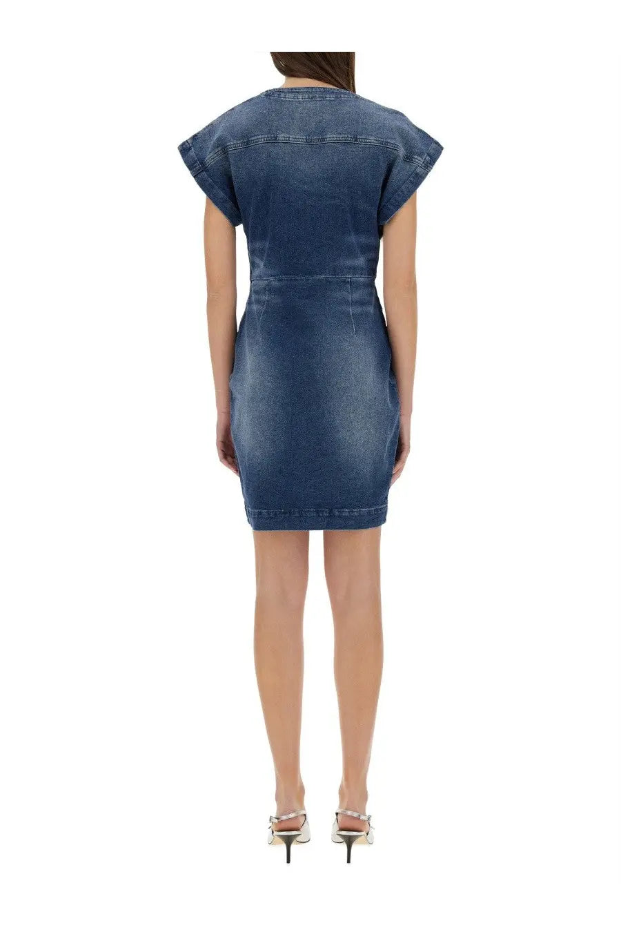 Moschino Jeans women’s fitted blue denim dress with short flutter sleeves and rounded neckline mid-thigh length