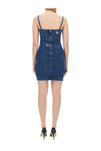 Moschino Jeans women’s fitted blue denim mini dress with thin straps and back zipper closure shown from the back