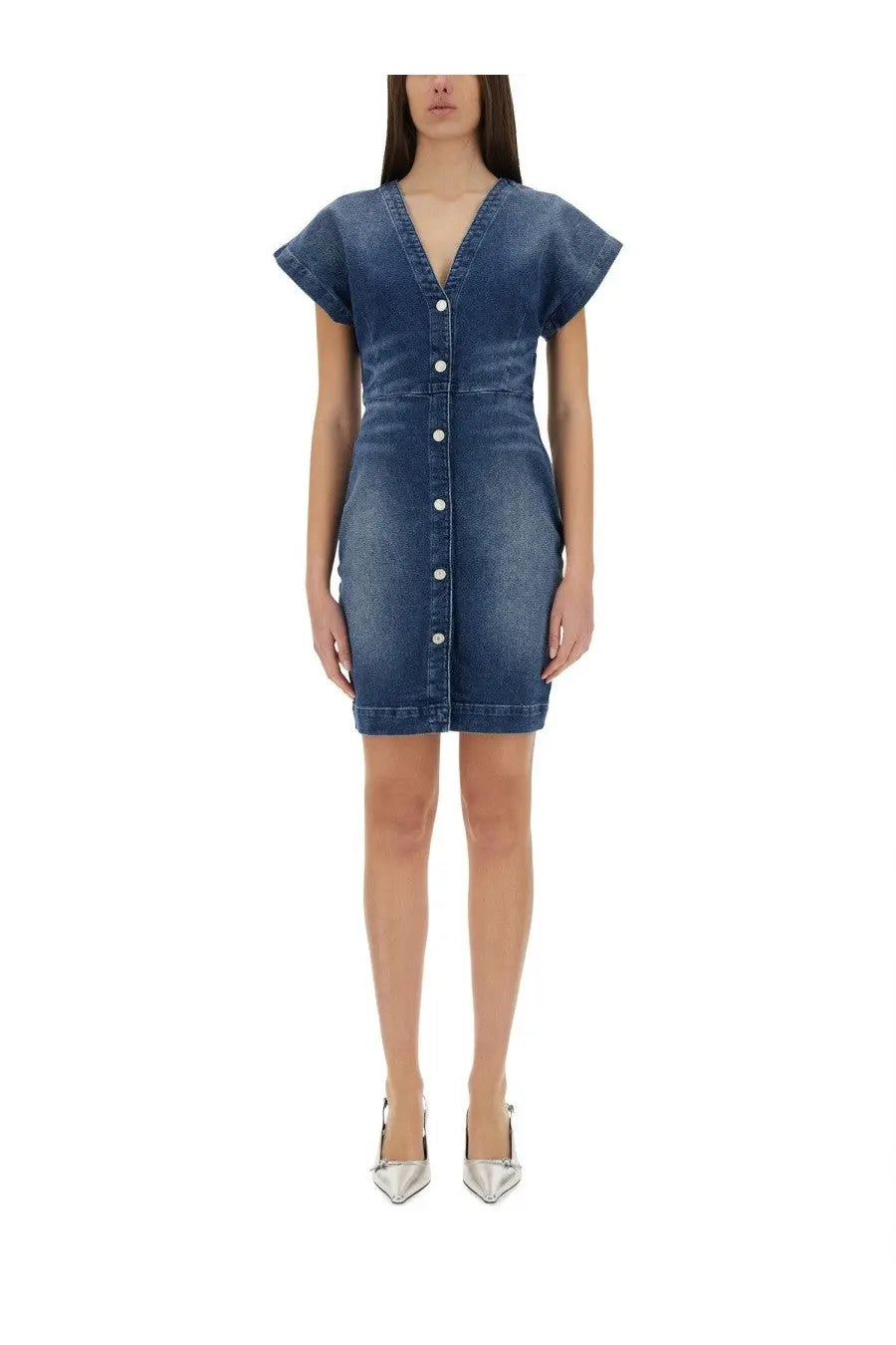 Moschino Jeans women’s fitted denim dress in medium blue wash with v-neck flutter sleeves and front button closure