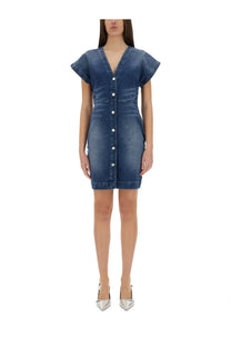 Moschino Jeans women’s fitted denim dress in medium blue wash with v-neck flutter sleeves and front button closure