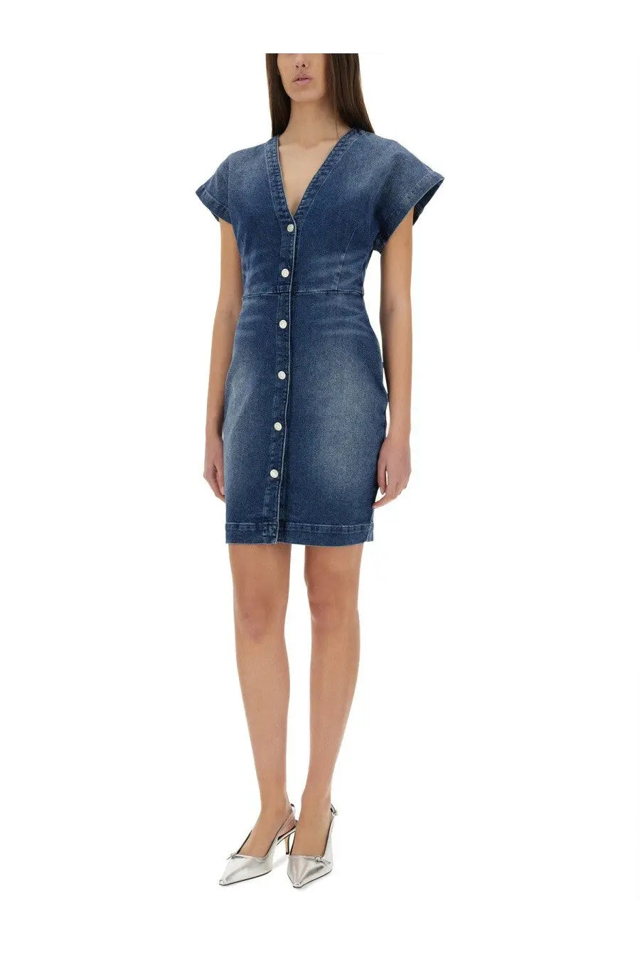 Moschino jeans women’s blue fitted denim dress with v-neckline short flutter sleeves and front button closure
