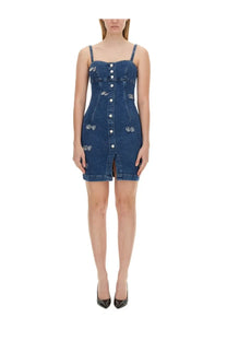 Moschino jeans women’s blue denim mini dress with silver heart embellishments and front button closure