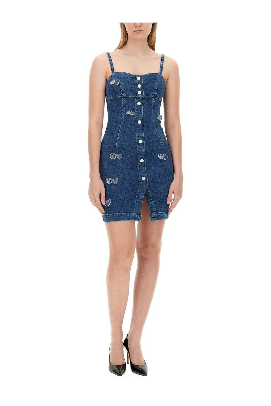 Moschino Jeans women’s blue denim mini dress with thin straps front button closure and silver heart embellishments