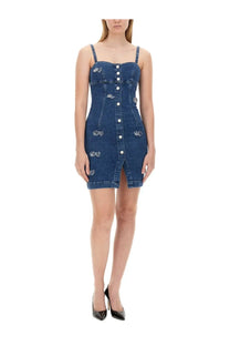 Moschino Jeans women’s blue denim mini dress with thin straps front button closure and silver heart embellishments
