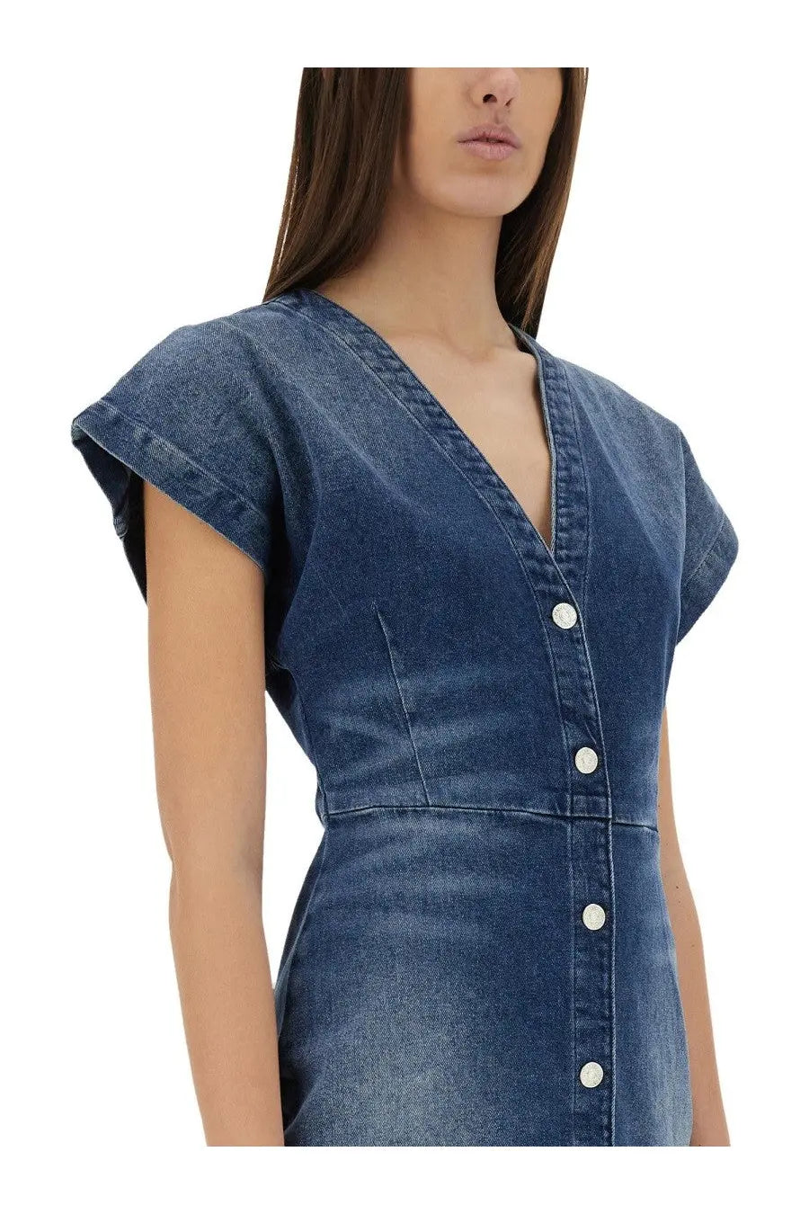 Moschino Jeans women’s mid-blue denim dress with short flutter sleeves and button-front design