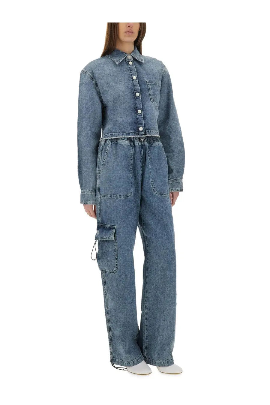 Blue denim jumpsuit with button-up shirt top and cargo pockets from moschino jeans women’s denim jacket blue collection