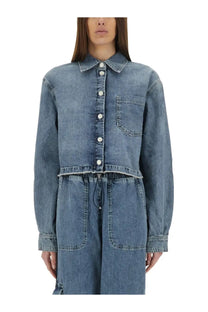 A medium-wash blue denim cropped jacket by Moschino Jeans with a classic collar and button-front closure