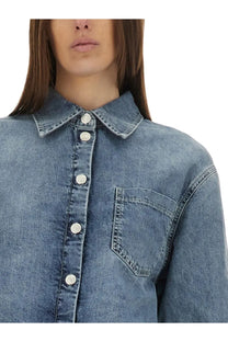 Moschino Jeans women’s blue denim shirt with collar silver buttons and single chest pocket front button closure