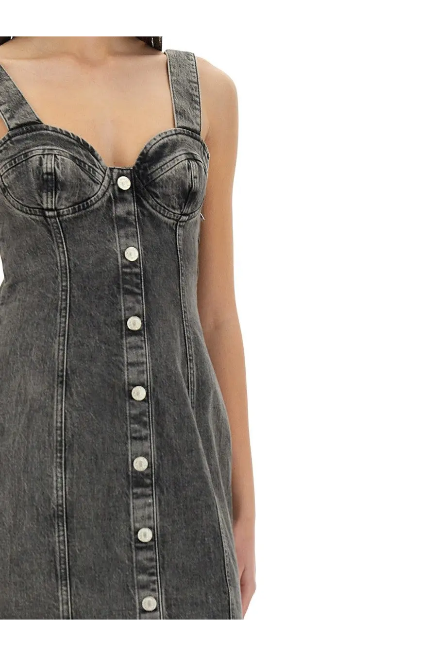 Moschino Jeans women’s dark gray denim midi dress with corset-style bodice and white buttons down the front