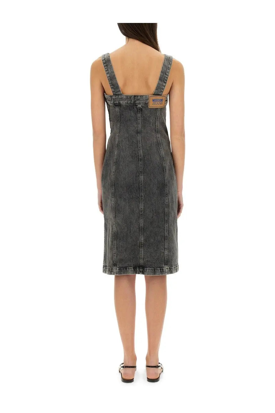 Moschino jeans women’s dark gray distressed denim midi dress with thin straps and back patch label shown from the back