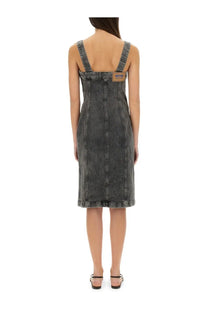 Moschino jeans women’s dark gray distressed denim midi dress with thin straps and back patch label shown from the back