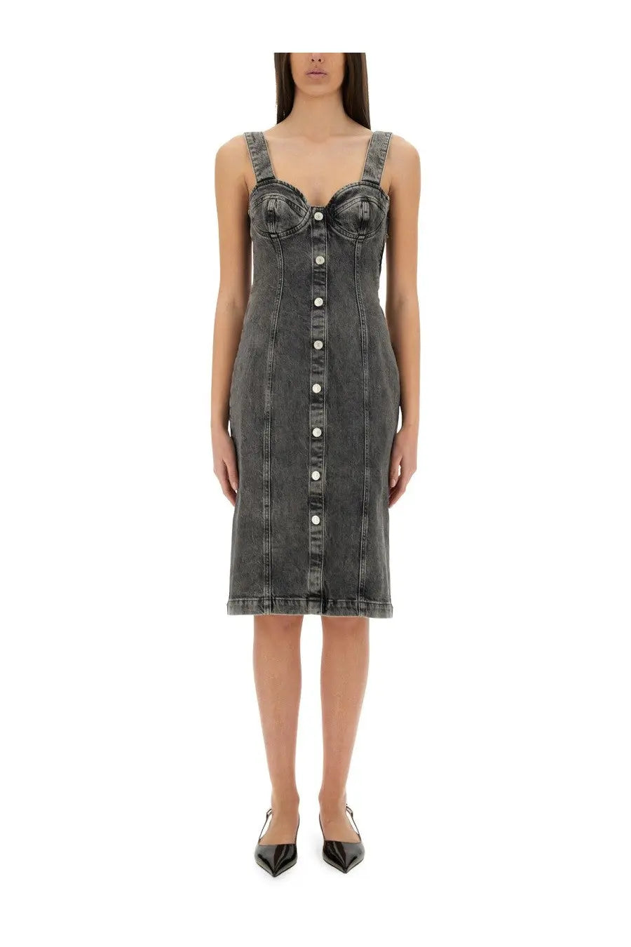 Moschino jeans women’s dark gray distressed denim midi dress with corset-style bodice and button-front detailing
