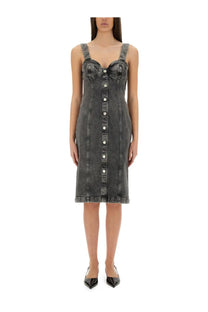 Moschino jeans women’s dark gray distressed denim midi dress with corset-style bodice and button-front detailing