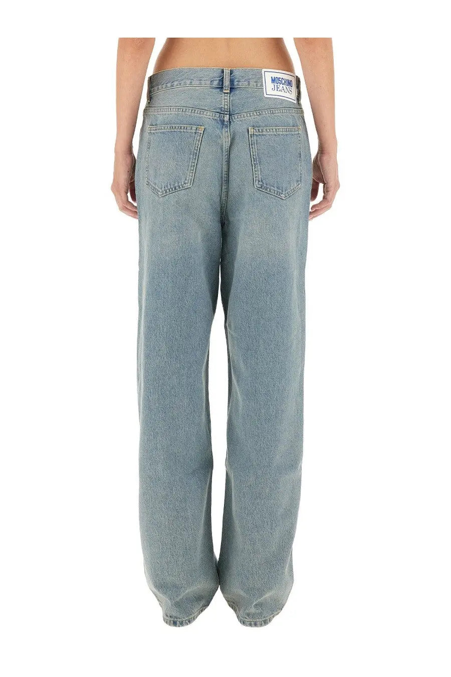 Light-wash denim jeans with a relaxed wide-leg cut and moschino jeans label on the back waistband in blue