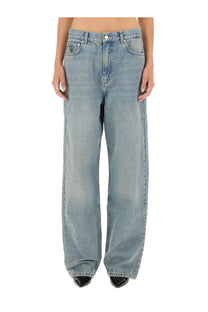 Moschino women’s light-wash blue denim jeans with wide-leg cut subtle fading and classic five-pocket design