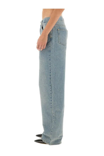 Moschino jeans women’s light-wash denim pants with a wide-leg cut and classic stitching in blue