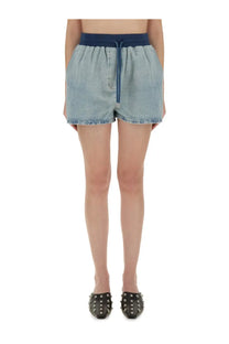 Moschino jeans women’s light-wash denim shorts with navy blue elastic waistband and matching drawstring