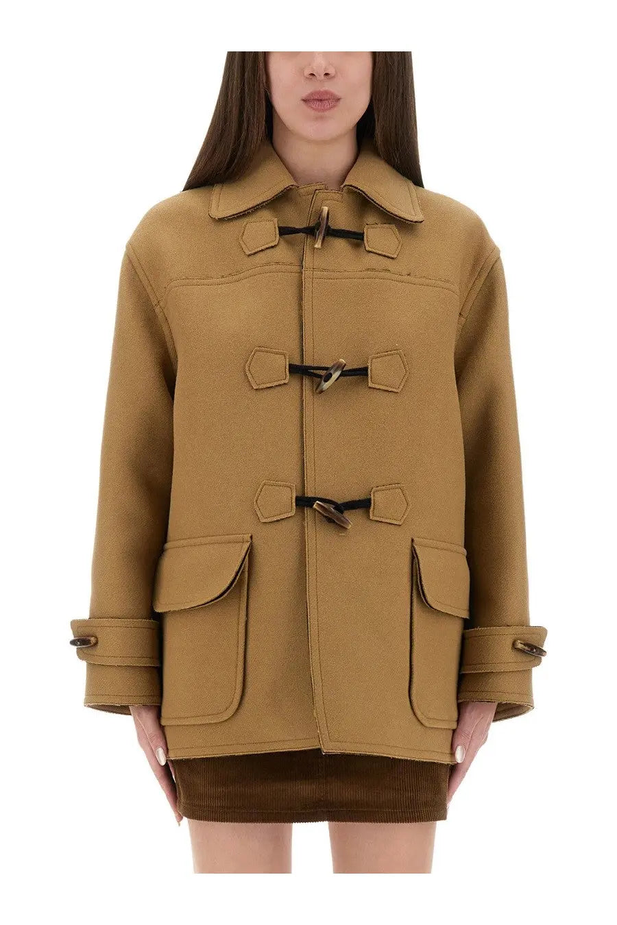 Tan wool duffle coat with black toggle closures and flap pockets from Moschino Jeans women’s beige jacket collection