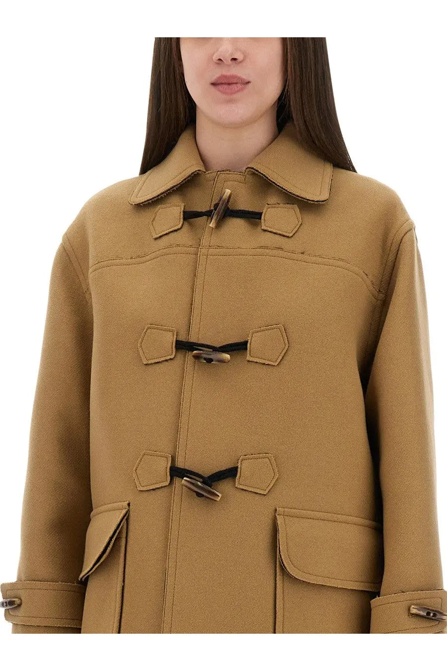 Moschino Jeans women’s beige tan wool duffle jacket with black toggle closures and hexagonal flap details
