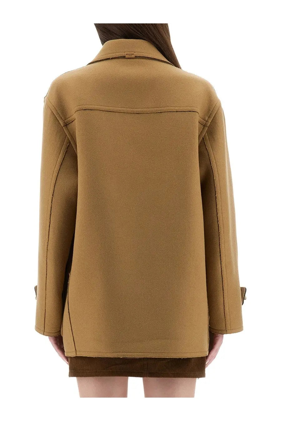 Moschino Jeans women’s beige duffle jacket featuring a tan wool coat with structured collar and subtle stitching details
