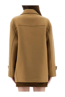 Moschino Jeans women’s beige duffle jacket featuring a tan wool coat with structured collar and subtle stitching details