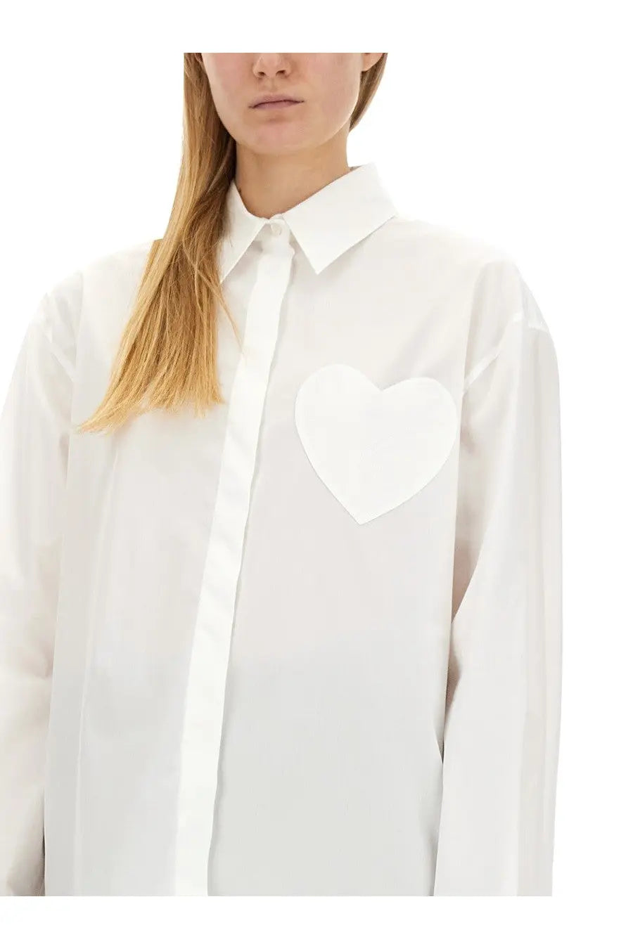 Moschino Jeans women’s white button-down shirt with a white heart-shaped patch on a minimalist design
