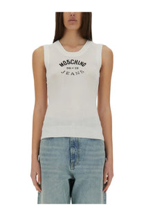 White sleeveless knit top with black moschino jeans 86-23 logo across the chest for women